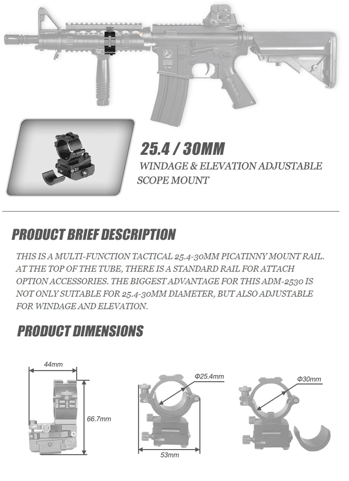 Tactical 21mm Weaver Rails Windage and Elevation Adjustable Ak Scope Weapon Mount
