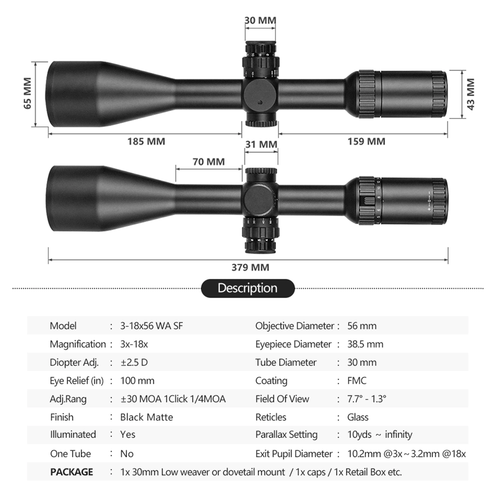 Spina Optics 3-18X56 Wa Sf Scope Optics Riflescope Tactical Hunting Optical Sight for Outdoor Hunting