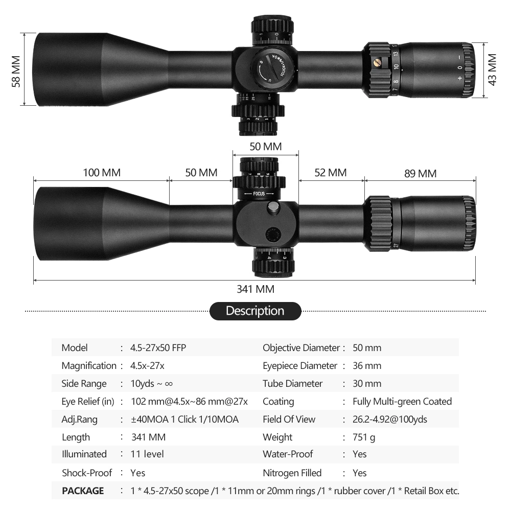 Sample Customization Spina Optics 4.5-27X50 Ffp Hunting Riflescopes First Focal Plane Scopes Tactical Scope Glass IR-Mil Reticle Optical Sights